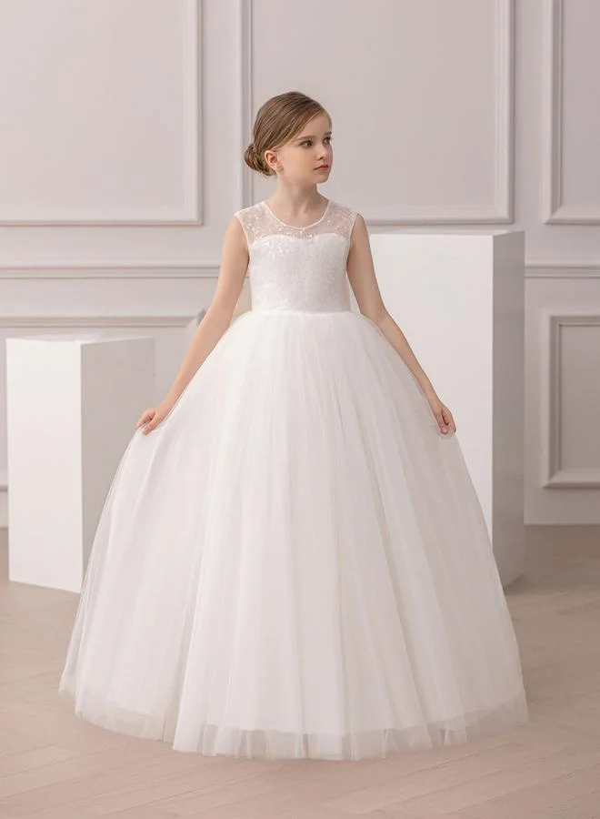 تايك تو فستان طويل بناتي أبيض مزين وبلا أكمام